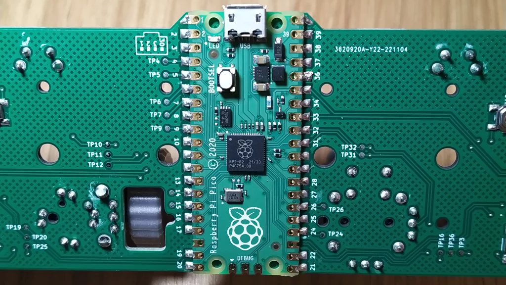 Picture of the printed circuit board inside the Alpakka controller focused on the Raspberry Pi Pico used as the micro-controller.